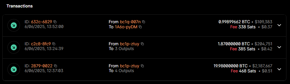 Bitcoin transactions showing sBTC withdrawals